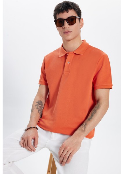 Erkek Slim Fit Dar Kesim Pamuk Turuncu Polo Yaka Tişört modelleri
