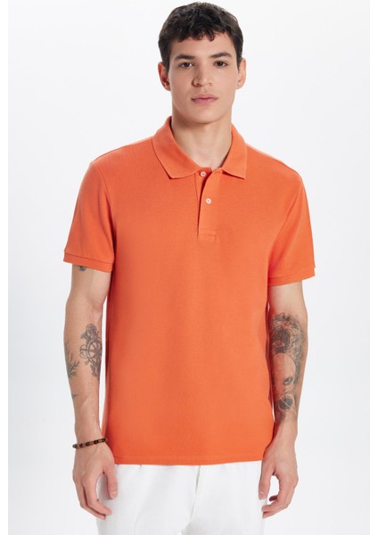 Erkek Slim Fit Dar Kesim Pamuk Turuncu Polo Yaka Tişört
