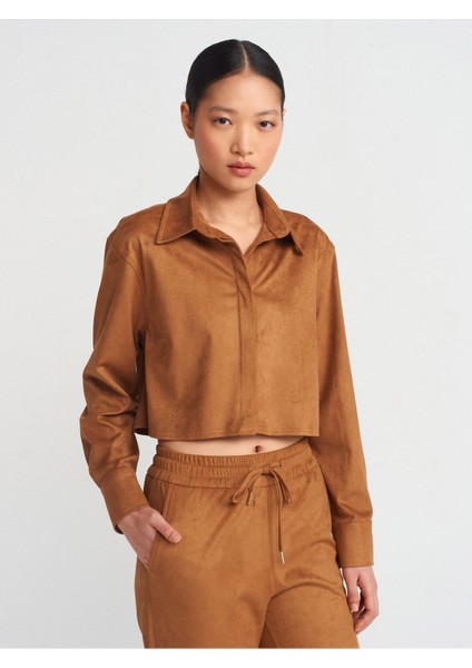 50493 Dökümlü Süet Crop Gömlek-Siyah