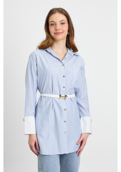 4298A Çizgili Kemerli Tunik Mavi