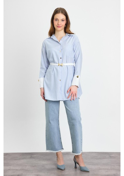 4298A Çizgili Kemerli Tunik Mavi fiyatları