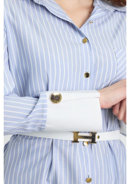 4298A Çizgili Kemerli Tunik Mavi fırsatları