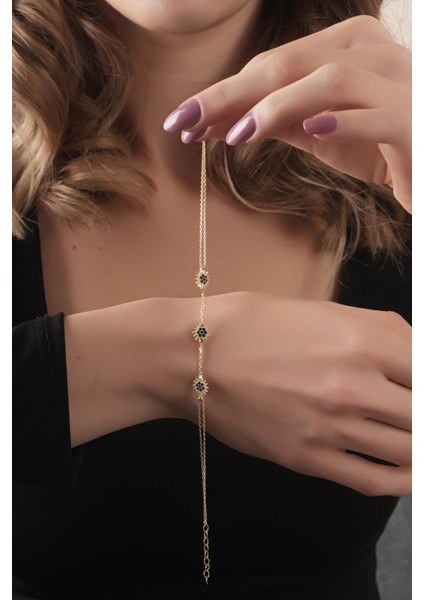 925 Ayar Gümüş, Gold Kaplamalı Siyah Zirkon Taşlı Güneş Tasarımı Bileklik