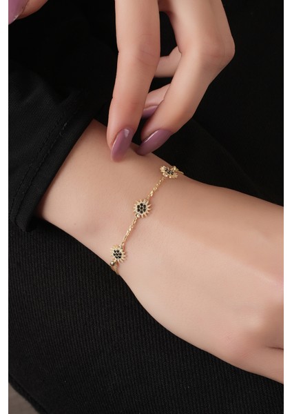 925 Ayar Gümüş, Gold Kaplamalı Siyah Zirkon Taşlı Güneş Tasarımı Bileklik fiyatları