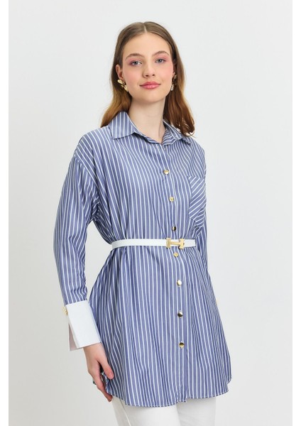 4298A Çizgili Kemerli Tunik Saks