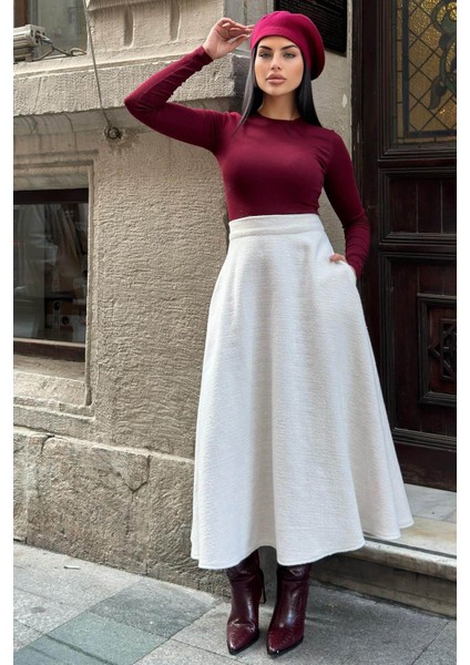 Ekru Yüksek Bel, Cepli, Kiloş Kesim, Kırçıllı Kaşe Uzun Etek