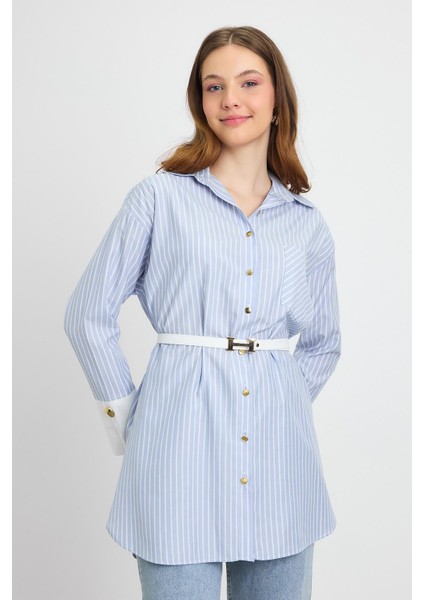 4298A Çizgili Kemerli Tunik Mavi