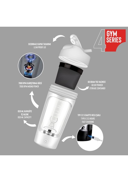 4 Gym Şarj Edilebilir Elektrikli Protein Shaker 650 ml White ST-226 modelleri