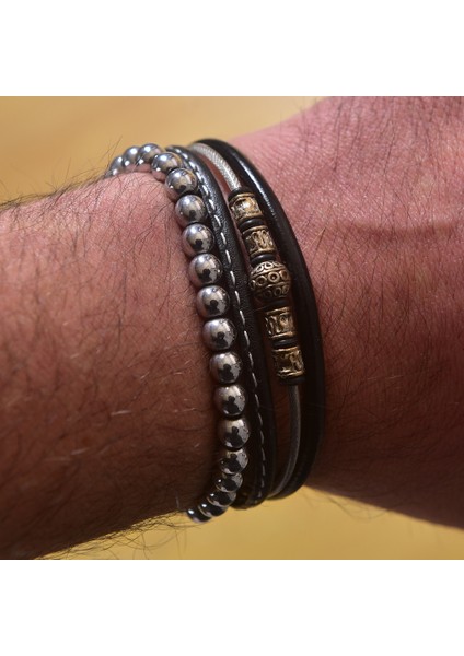 Modern Hematit Deri Kombin Erkek Bileklik Takı