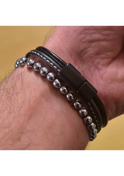 Modern Hematit Deri Kombin Erkek Bileklik Takı fiyatları