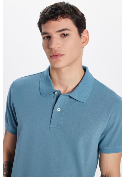 Erkek Slim Fit Dar Kesim Pamuk Indigo Polo Yaka Tişört