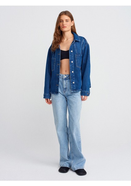 50749 Ön Bölümü Dikişli Oversize Denim Gömlek-Mavi fırsatları