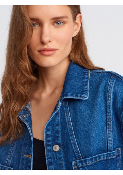 50749 Ön Bölümü Dikişli Oversize Denim Gömlek-Mavi modelleri