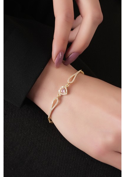 925 Ayar Gümüş, Gold Kaplamalı Kalp Tasarım Pembe Taşlı Pırlanta Bileklik