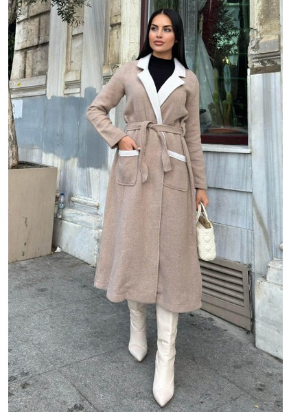 Bej Çift Taraflı Kruvaze Yaka, Kuşaklı, Yumoş Dokulu, Duble Kaşe Uzun Ceket