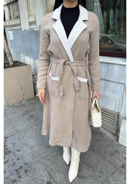 Bej Çift Taraflı Kruvaze Yaka, Kuşaklı, Yumoş Dokulu, Duble Kaşe Uzun Ceket fiyatları