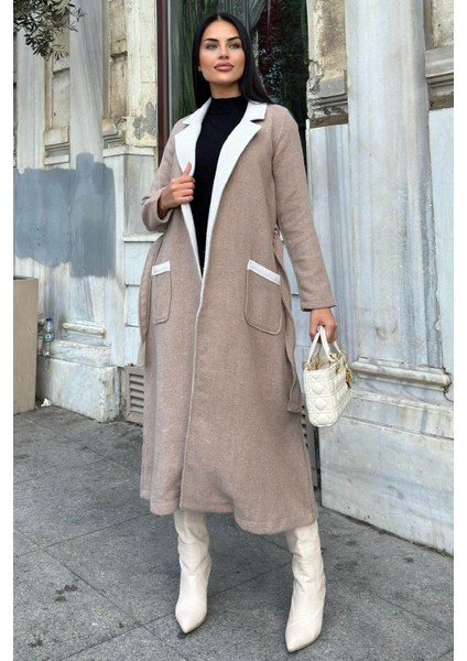 Bej Çift Taraflı Kruvaze Yaka, Kuşaklı, Yumoş Dokulu, Duble Kaşe Uzun Ceket indirimleri