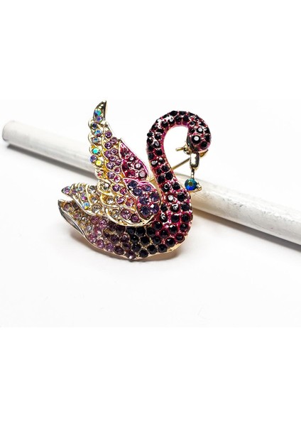 Pembe Taşlı Zarif Kuğu Broş Yaka Iğnesi