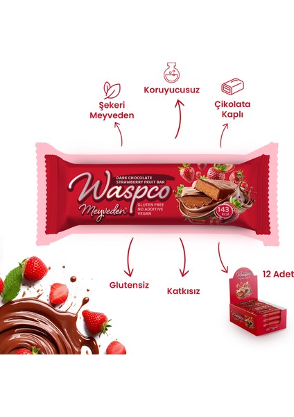 Bitter Çikolata Kaplı Çilekli Meyve Bar 35 gr x 12 Adet