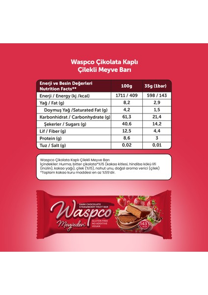 Bitter Çikolata Kaplı Çilekli Meyve Bar 35 gr x 12 Adet