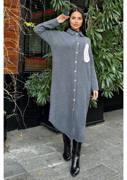 Antrasit Çift Taraflı Yumoş Dokulu, Aplike Detaylı, Duble Kaşe Gömlek Elbise