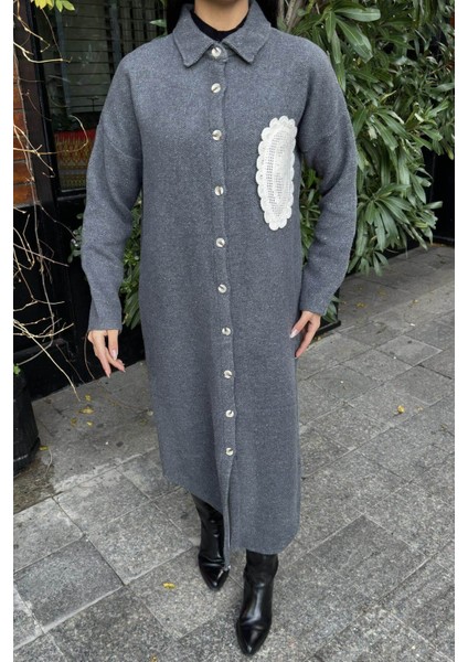 Antrasit Çift Taraflı Yumoş Dokulu, Aplike Detaylı, Duble Kaşe Gömlek Elbise fiyatları