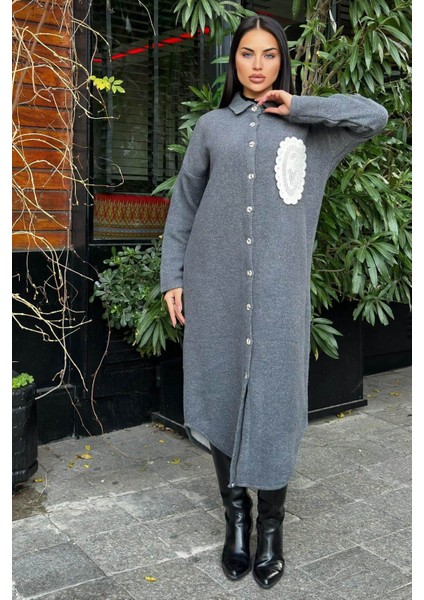 Antrasit Çift Taraflı Yumoş Dokulu, Aplike Detaylı, Duble Kaşe Gömlek Elbise indirimleri