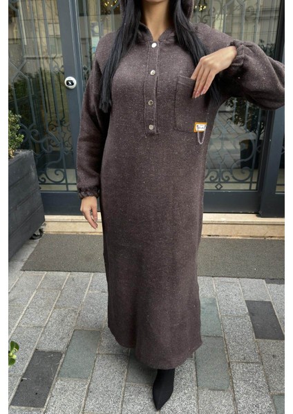 Kahverengi Çift Taraflı Kapüşonlu, Yırttmaç Detaylı, Duble Yumoş Kaşe Uzun Elbise fiyatları