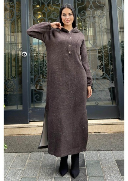 Kahverengi Çift Taraflı Kapüşonlu, Yırttmaç Detaylı, Duble Yumoş Kaşe Uzun Elbise modelleri