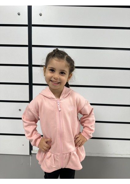 Kız Çocuk Fermuarlı Kapsonlu/kapüşonlu Farbalalı Jarse Hırka,sweatshirt,polarlı Hırka