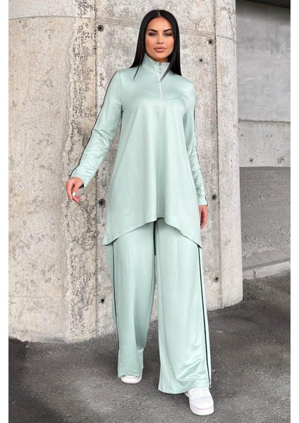 Mint Asimetrik Kesim, Fermuarlı Bluz & Bol Paça Pantolon - Viskon Iki Iplik Kumaş Alt & Üst Takım