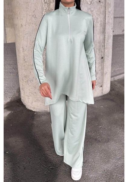 Mint Asimetrik Kesim, Fermuarlı Bluz & Bol Paça Pantolon - Viskon Iki Iplik Kumaş Alt & Üst Takım fiyatları