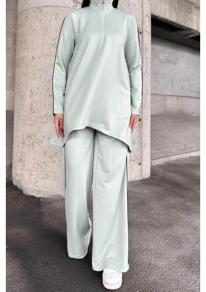 Mint Asimetrik Kesim, Fermuarlı Bluz & Bol Paça Pantolon - Viskon Iki Iplik Kumaş Alt & Üst Takım modelleri