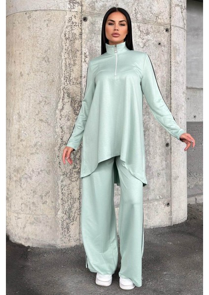 Mint Asimetrik Kesim, Fermuarlı Bluz & Bol Paça Pantolon - Viskon Iki Iplik Kumaş Alt & Üst Takım fırsatları