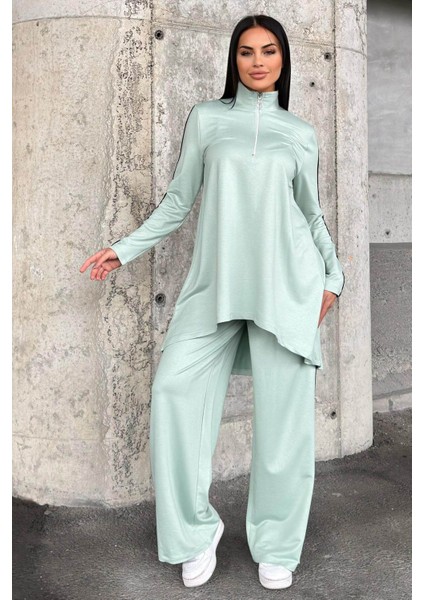 Mint Asimetrik Kesim, Fermuarlı Bluz & Bol Paça Pantolon - Viskon Iki Iplik Kumaş Alt & Üst Takım indirimleri