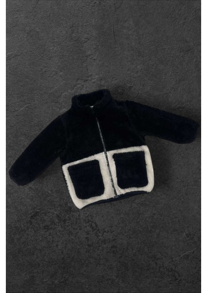 Kız Çocuk Peluş Siyah Ekru Cepli Fermuarlı Welsoft Kışlık Mont Ml-Fmç-K-Peluş