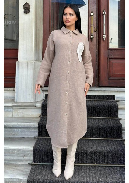 Vizon Çift Taraflı Yumoş Dokulu, Aplike Detaylı, Duble Kaşe Gömlek Elbise