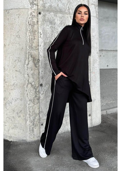 Siyah Asimetrik Kesim, Fermuarlı Bluz & Bol Paça Pantolon - Viskon Iki Iplik Kumaş Alt & Üst Takım