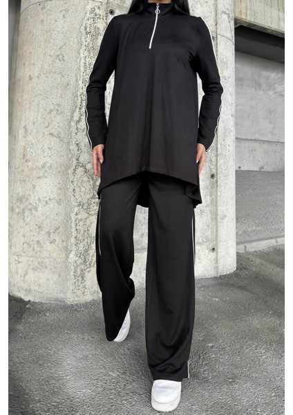 Siyah Asimetrik Kesim, Fermuarlı Bluz & Bol Paça Pantolon - Viskon Iki Iplik Kumaş Alt & Üst Takım fiyatları