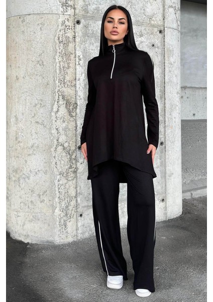 Siyah Asimetrik Kesim, Fermuarlı Bluz & Bol Paça Pantolon - Viskon Iki Iplik Kumaş Alt & Üst Takım modelleri