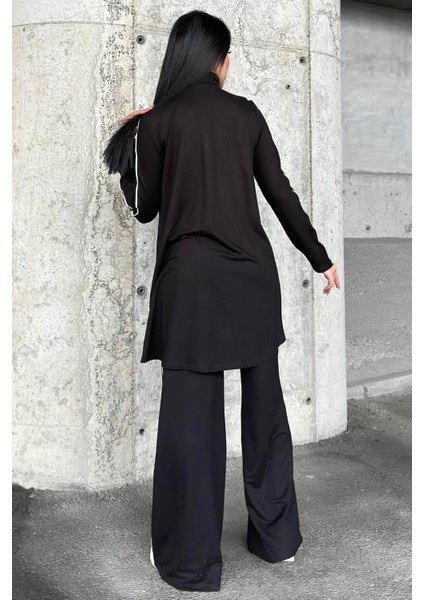 Siyah Asimetrik Kesim, Fermuarlı Bluz & Bol Paça Pantolon - Viskon Iki Iplik Kumaş Alt & Üst Takım fırsatları