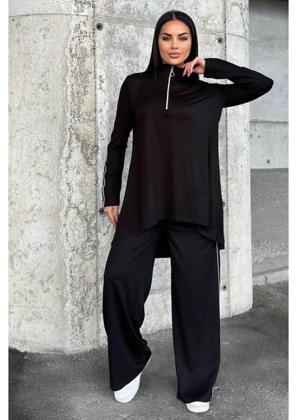 Siyah Asimetrik Kesim, Fermuarlı Bluz & Bol Paça Pantolon - Viskon Iki Iplik Kumaş Alt & Üst Takım indirimleri