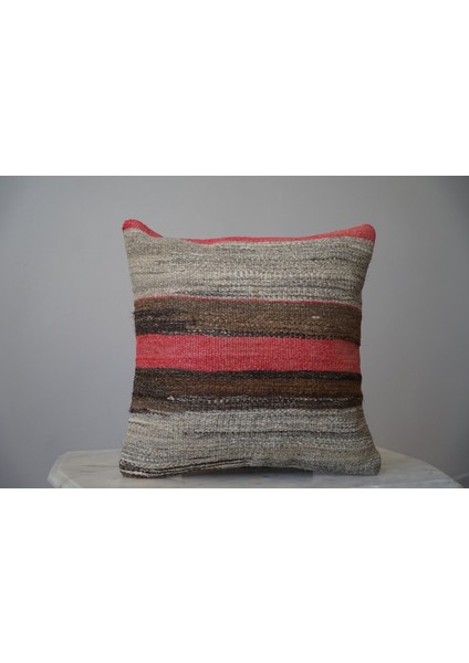 40 x 40 cm El Dokuma Kilimden Oluşan Pembe Çizgili Antik Kırlent Kılıf