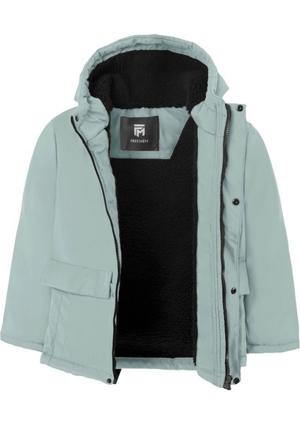Kız Çocuk Mint Yeşil Içi Kürklü Su ve Rüzgar Geçirmez Kapüşonlu 3 Cep Kışlık Mont & Kaban & Parka ML-FMPÇ-110 K