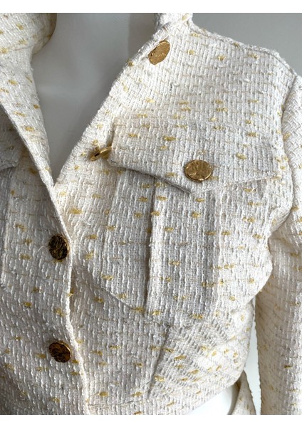Kadın Gold Simli Ceket Crop Krem Rengi