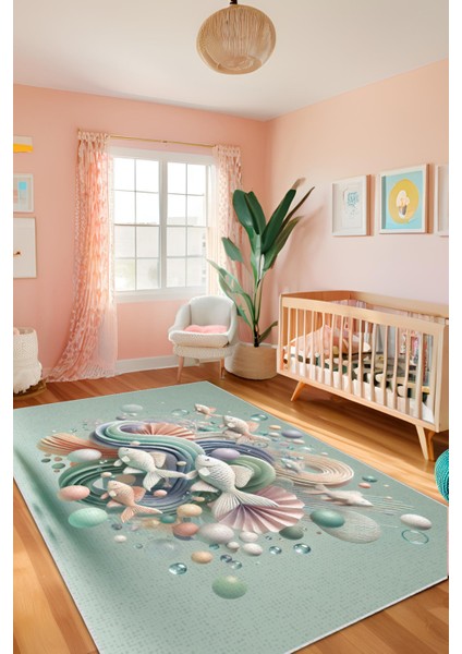 3D Balıklı Halı Su Altı Gönümlü Halı Antialerjik Tozma Yapmaz Havlanmaz Genç Halısı