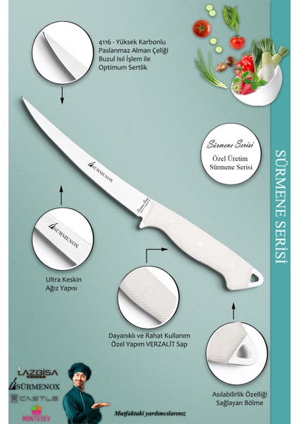Sürmene Serisi Mutfak Fileto Bıçağı Steak Bıçak Et Balık Tavuk Fileto Bıçağı Beyaz ( MFT-008 ) modelleri
