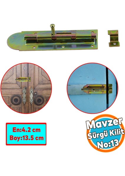 Mavzer Sürgü Kilit No:14 Kadmiyum 42X135 mm Sürgülü Kapı Pencere Emniyet Kilidi Sürgüsü