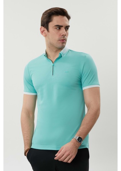Erkek Fermuarlı Yakalı Mint Yeşil Tshirt