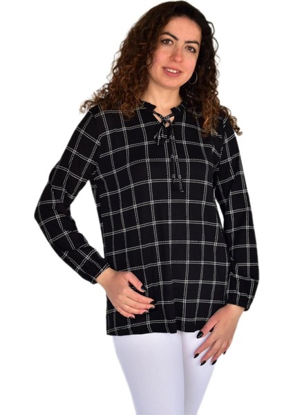 Kadın Çizgi Kareli Baskılı Desen Viscon Bluz BGL-ST04294